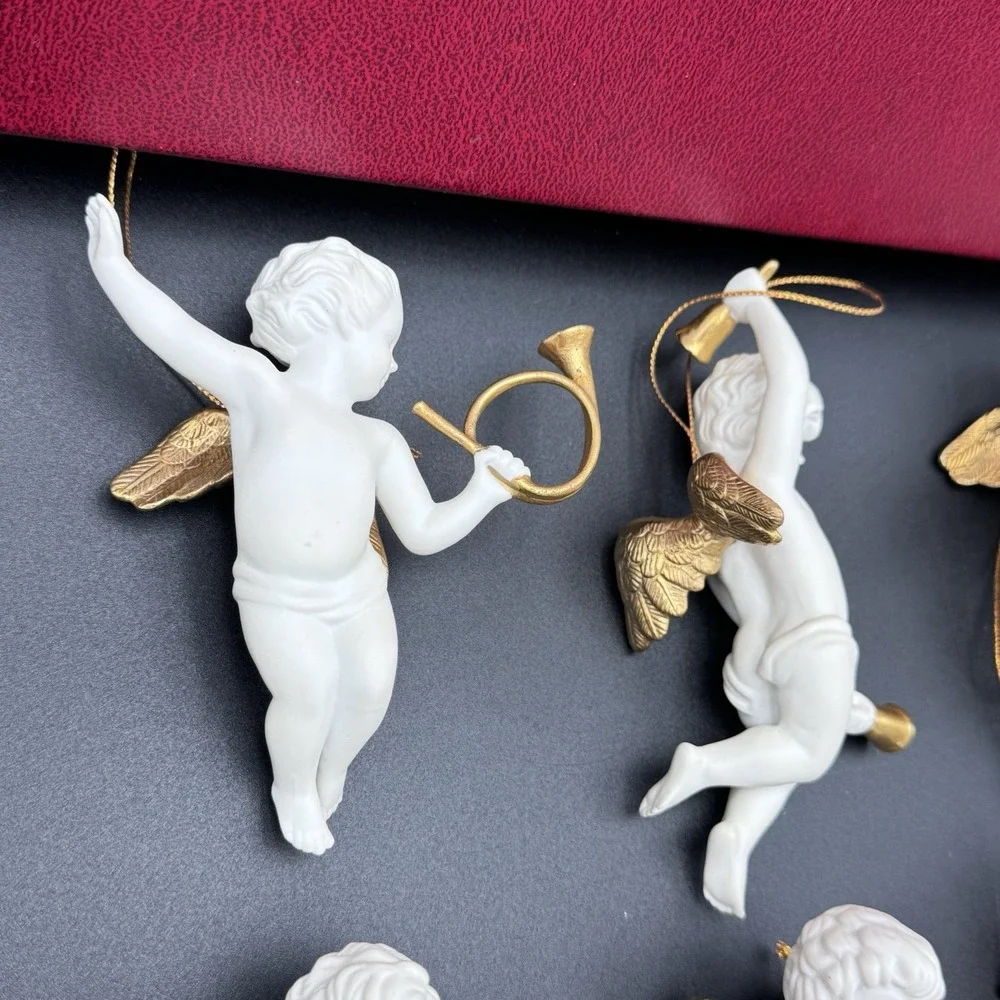 Franklin Mint Heralding Angels Set of 12 24kt Gold & Porcelain Ornaments + Case
